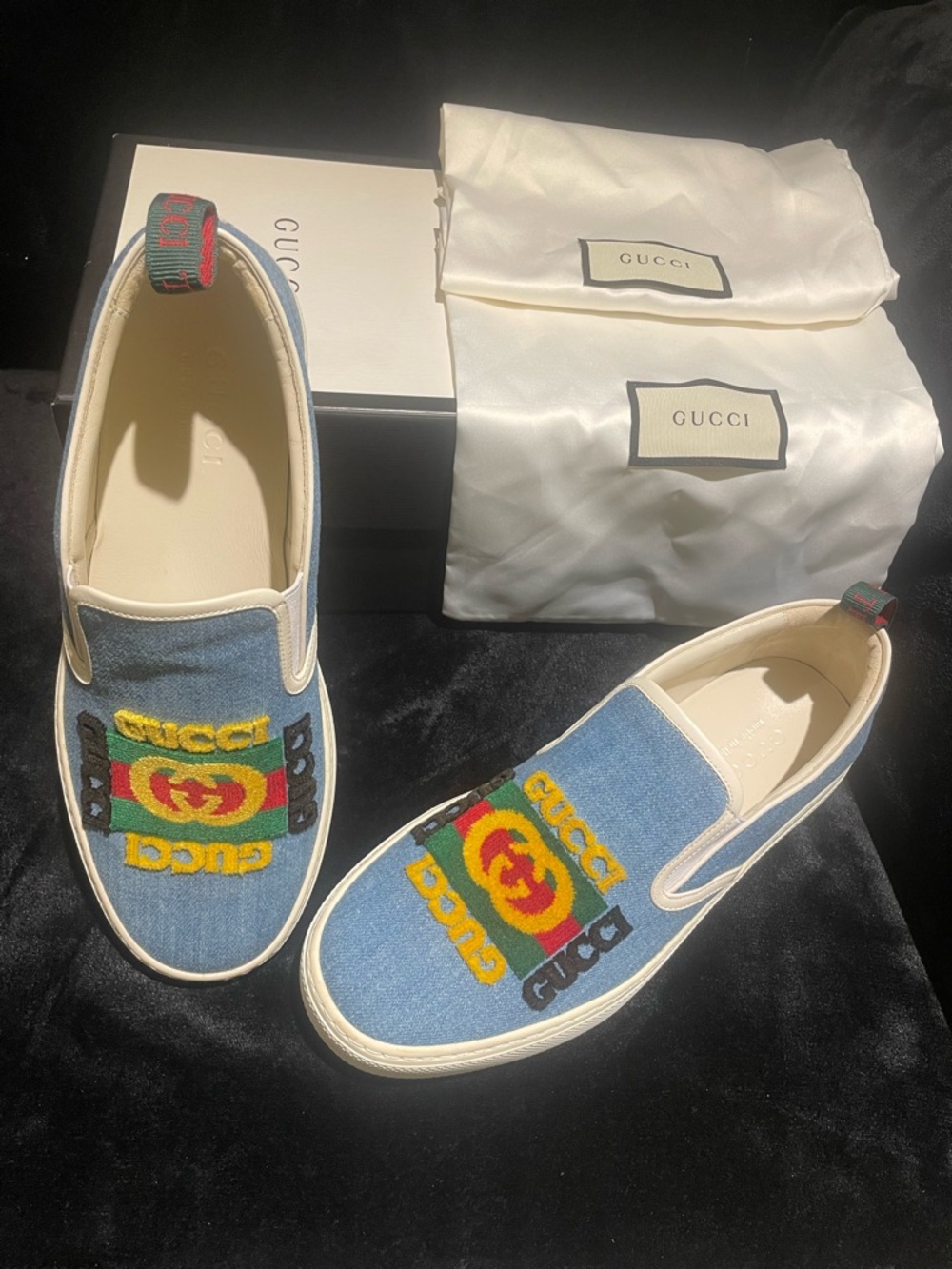 Gucci Blue Denim Slip-On Sneakers with Multicolor Embroidered Logo